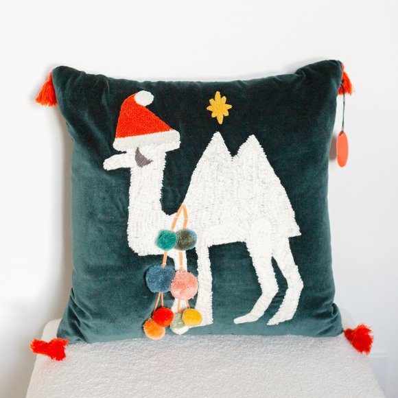 Green Christmas Pillow Opalhouse x Jungalow Camel 18"x18" with PomPoms Santa Hat - Picture 1 of 12